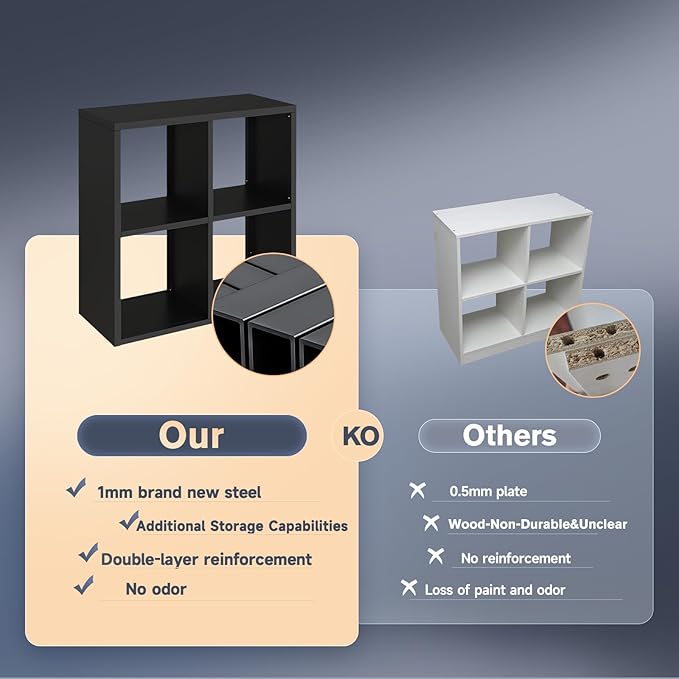 4 Cube Storage Organizer, Cubicle Open Back Decorative Book Shelf, 2-Tier Space Saving Storage Shelf Bookcase, Metal Display Shelf for Living Room,Office,Closet