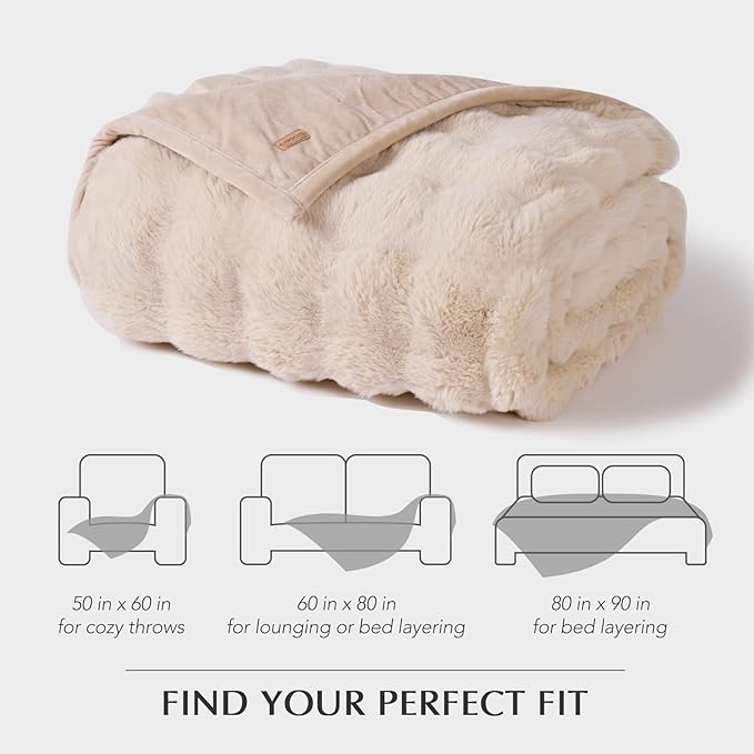 EVERGRACE Ultra Soft Luxury Fluffy Ridgeline Faux Rabbit Fur Throw Blanket, Thick Warm Bubble Throw for Bed, Cozy Plush Reversible Blankets for Couch, Chair, Sofa, Cream, 50x60 Inches, 870 GSM