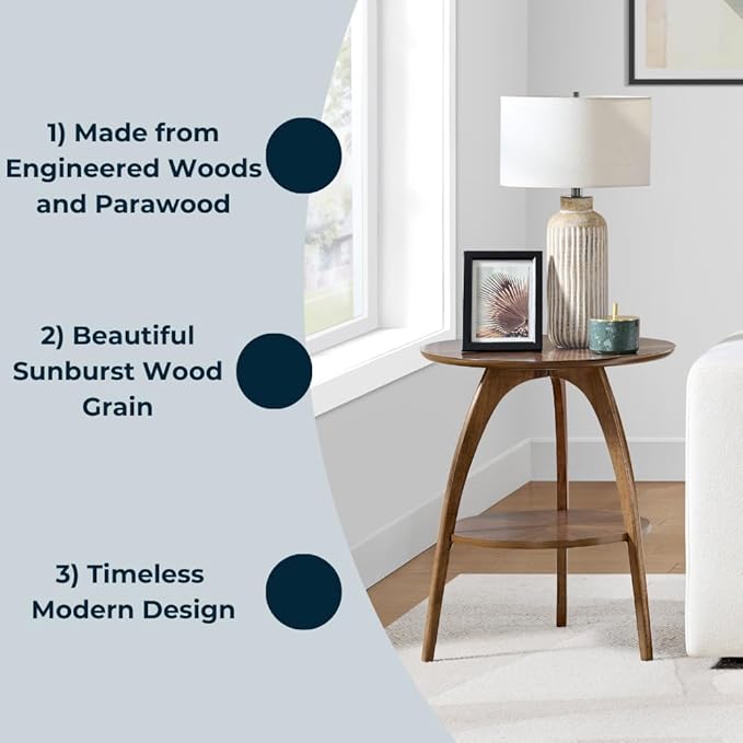 Martin Svensson Home Round Wood Walnut Brown 20" Living Room End Side Accent Table Nightstand with Storage Shelf