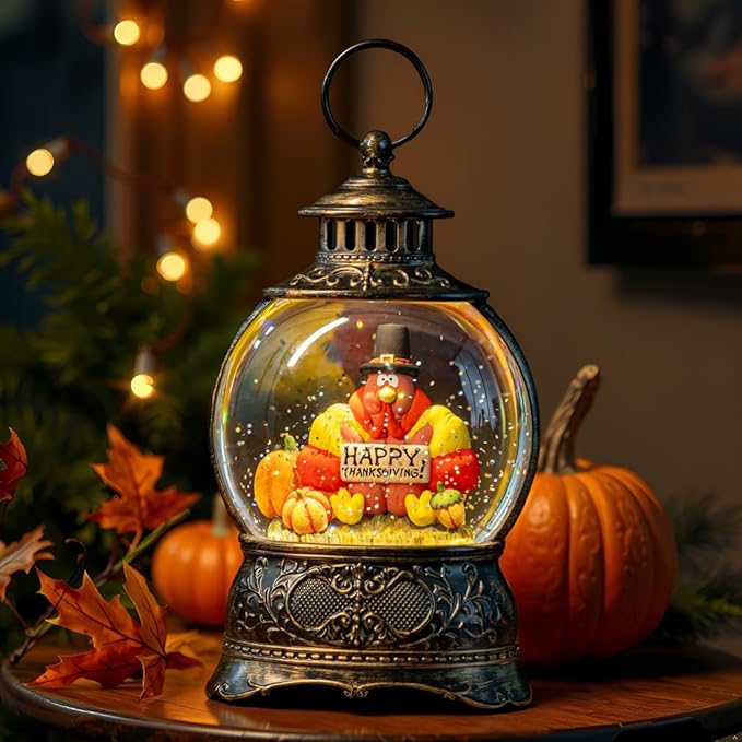 Fall Snow Globe Lantern with Autumn Turkey and Pumpkins Thanksgiving LED Decor for Home, Indoor Tabletop Centerpiece with Glitter Flakes, Harvest Light Decorations