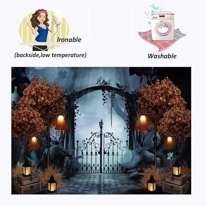Durable Fabric Halloween Backdrop 7x5ft Horror Cemetery Iron Gate Scary Halloween Photo Background for Photography Halloween Party Decorations Banner Photo Studio Decoration Supplies
