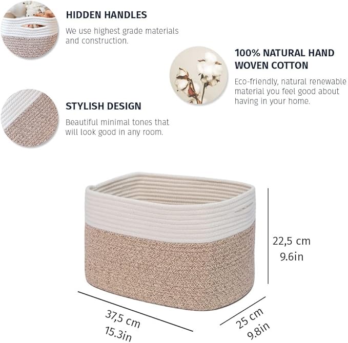 OrganiHaus Woven Storage Baskets for Organizing, Cotton Rope Storage Baskets for Shelves, Soft Bathroom Bins for Organizing, Decorative Cute Nursery Bins for Toys, Organizer Basket for Towels - Brown