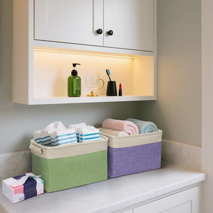 BALEINE 4 Pack Fabric Storage Bins for Shelves, Linen Storage Baskets for Organizing, Decorative Closet Bins for Clothes, Home (Black, 12"x8"x8")