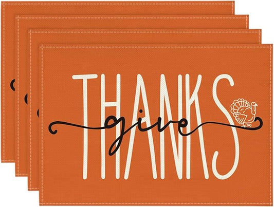 Artoid Mode Pumpkins Give Thanks Turkey Fall Placemats Set of 4, 12x18 Inch Pumpkin Pie Thanksgiving Table Mats for Party Kitchen Dining Decoration