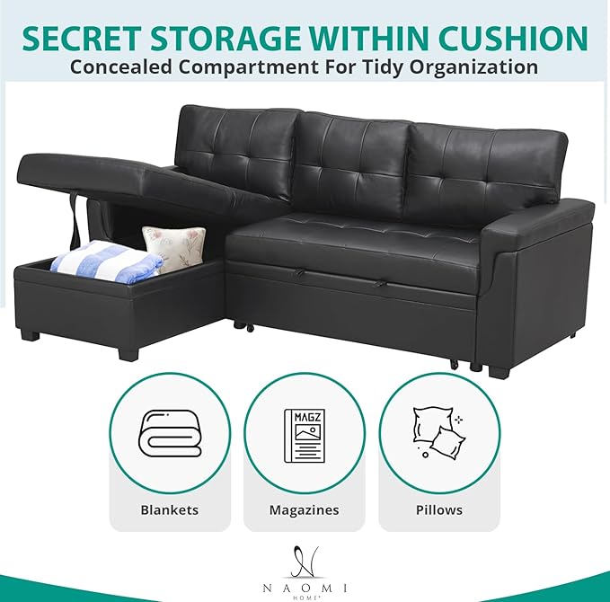 Naomi Home Jenny Sectional Sofa Sleeper with Storage Chaise, Tufted Pull Out Couch with Storage, L-Shaped Reversible Sleeper Sofa with Storage, Black,Air Leather