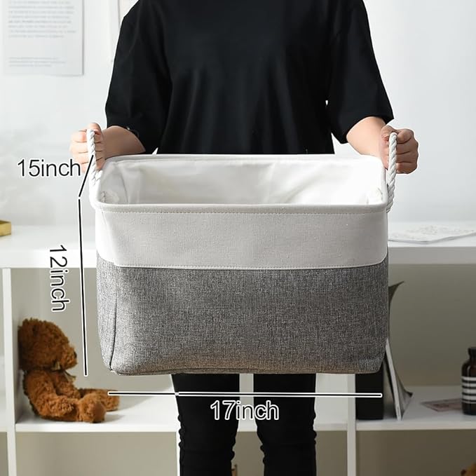 Storage Basket for Shelves - 17X15X12 inch 2 Pack Fabric Cube Storage Bin Collapsible Baskets for Organizing with Rope, Storage Box for Cloth Decorative (White & Grey)