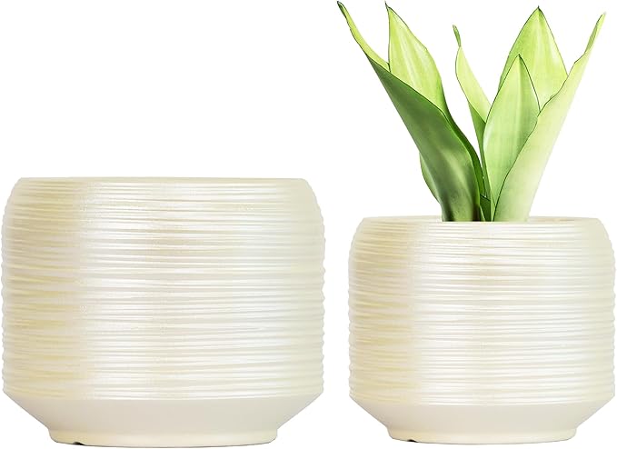8 Inch + 6 Inch Ceramic Plant Pots Indoor with Drainage – Flower Pot Set, Decorative Indoor Planters for House Plants and Garden Use