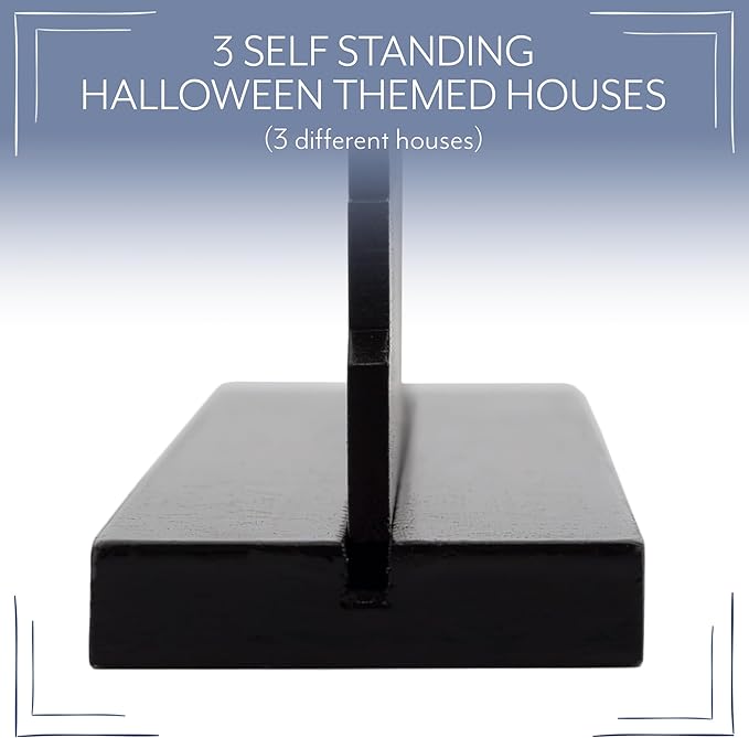 AuldHome Design Spooky Halloween House Village Silhouettes (Set of 3); Scary Haunted House Wood Statue Figurines Centerpiece Set