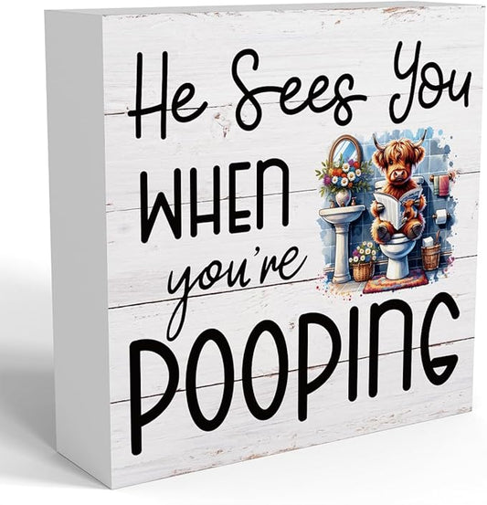 Funny Highland Cow Decor Memorial Day Fourth of July Independence Day Decorations Red White and Blue Decor, Rustic Farmhouse Home Office Wooden Box Sign for Bathroom - He Sees You When You're Pooping