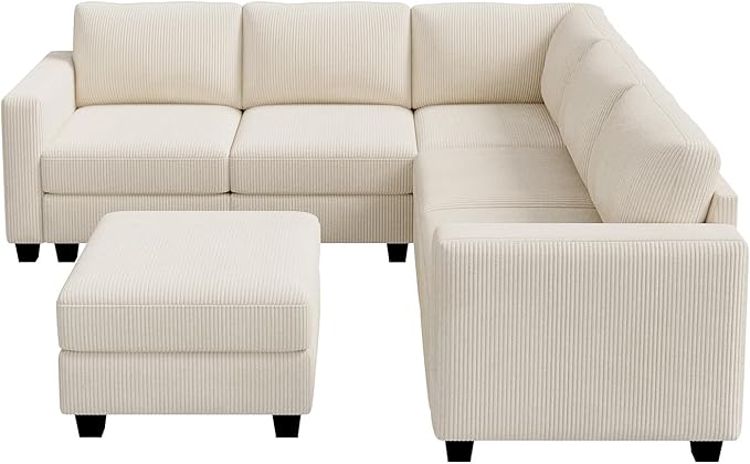 HONBAY Corduroy Modular Sectional Couch with Storage L-Shaped Sectional Couches for Living Room 6 Seater Modular Sectional Sofa, Beige
