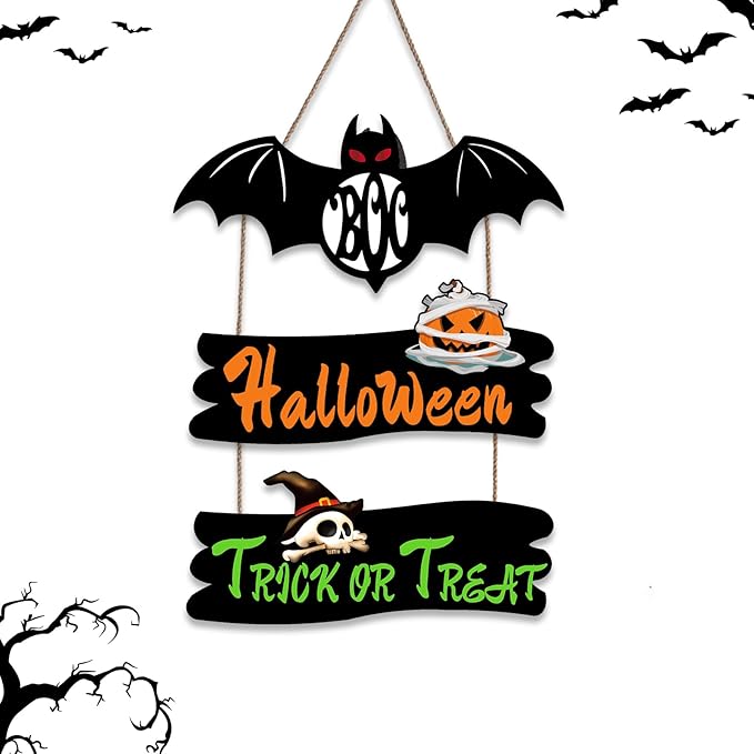 Halloween Door Hanging Sign Decoration 3 Pieces Wooden Plaques Wall Art with Bat Pumpkin Skull Pattern Trick or Treat Wooden Plaques for Yard Front Door Home Outdoor Hanger