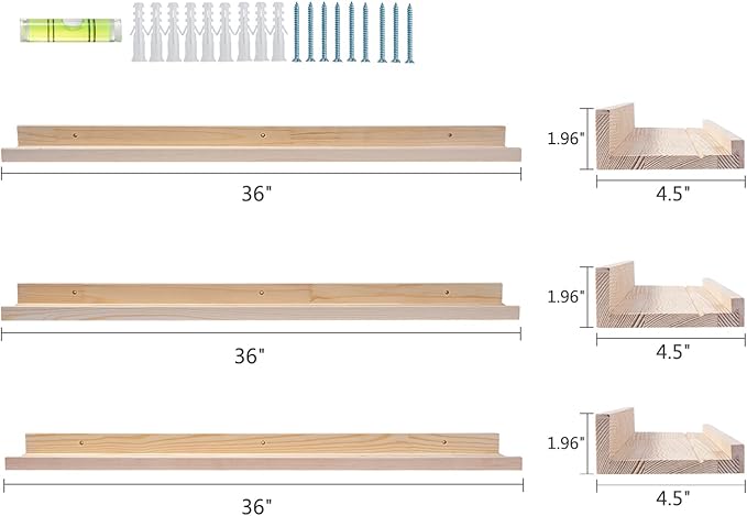 AZSKY 36 Inch Picture Ledge Shelf Solid Wood Large Floating Shelves Wall Mounted Rustic Natural Shelves for Home, Living Room, Bedroom, Bathroom, Office 3 Same Sizes