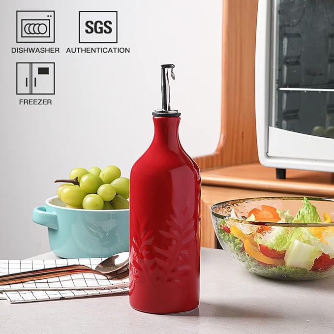 Sweejar Ceramic Olive Oil Dispenser Bottle, 20 Oz Relief Opaque Oil Cruet Protects Oil To Reduce Oxidation, Suitable for Storage Oil, Vinegar, Soy Sauce, Coffee Syrup, Liquids, Set of 1 (Red)