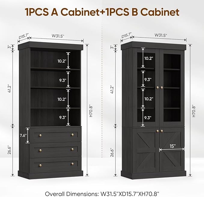 Vyre 71" Tall Farmhouse Bookshelves with Glass Doors and Drawers, Set of 4 – Large Modular Bookcase with Adjustable Shelves, Storage Cabinet for Living Room, Kitchen, Black