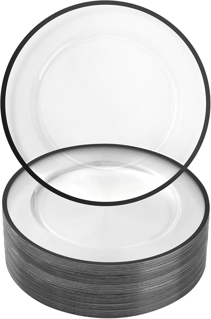 Goodluck 12 Inch Black Charger Plates, 50 Pack Clear Charger Plates with Black Trim, Disposable Plastic Dinnerware, Wedding, Party