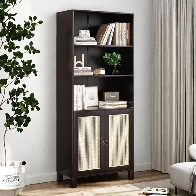 Tall Bookshelf, 5-Tier Book Shelf with 2 Rattan Doors, Freestanding Bookcase Display Shelves with Large Storage, Book Case for Living Room, Office, Study, Bedroom, 70.9 Inch