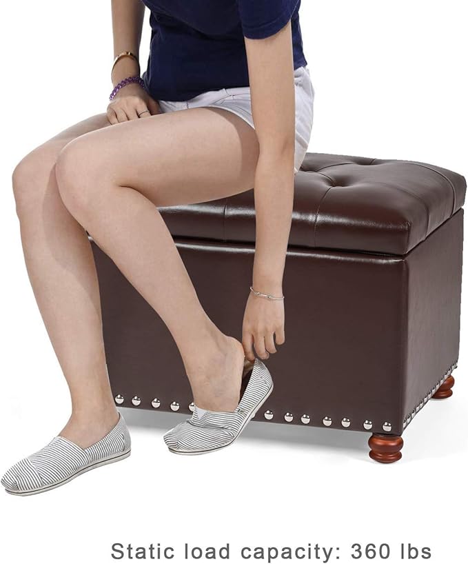 Leather Storage Ottoman Bench Foot Rest Stool with Nailhead Trim (Dark Brown - Button Tufted Leather)