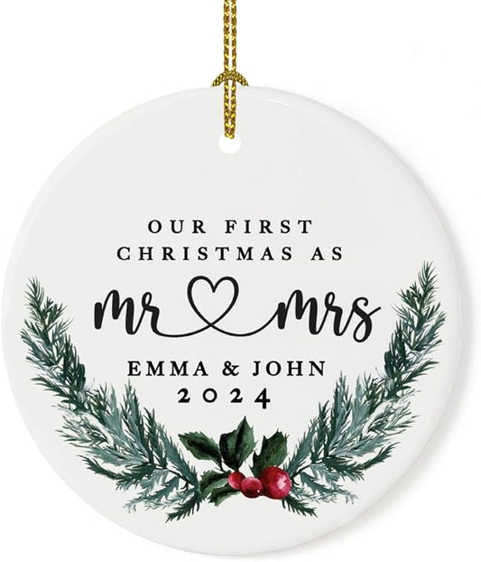 Andaz Press Personalized Our First Christmas As Mr. & Mrs. Christmas Ornaments Holly & Pine Wreath 2.8" Round Porcelain Ceramic Custom 1St Year Married Christmas Ornament 2024 for Newlyweds 1-Pack