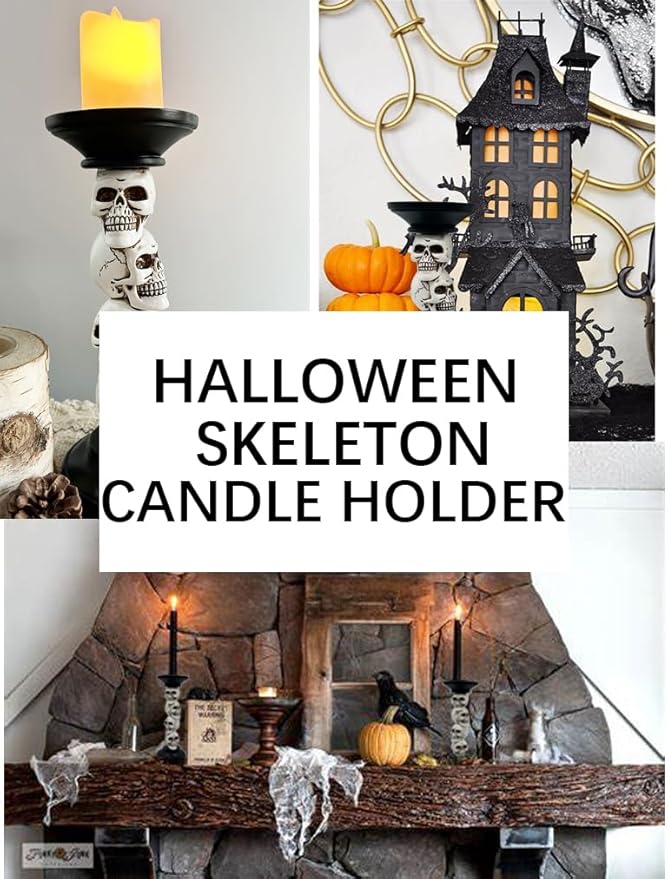 Halloween Skull Candle Holder - Vintage Pillar Candle Holder with Resin Skull Skeleton Design - Indoor Decor