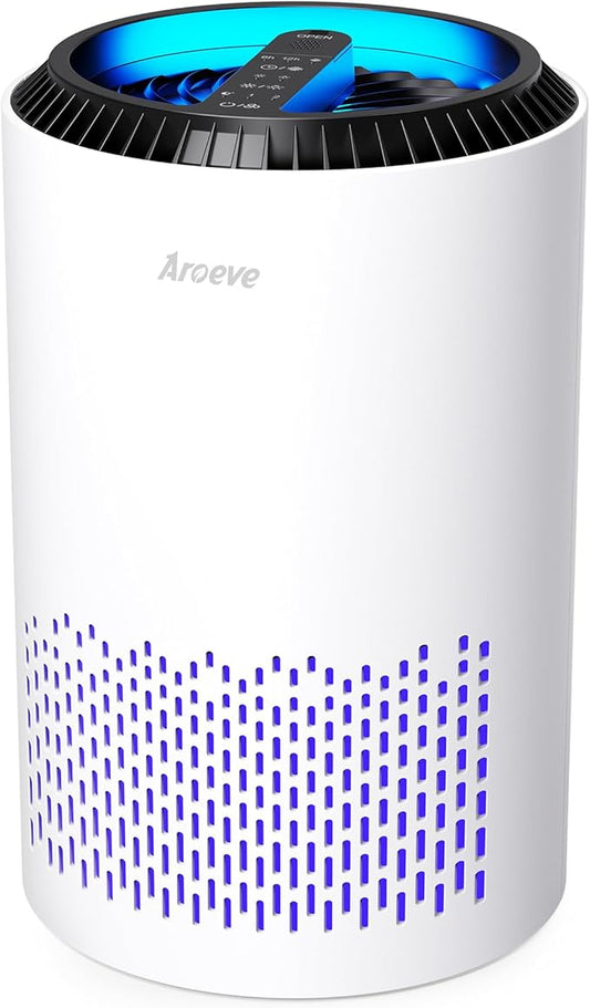 AROEVE Air Purifiers for Bedroom Home, 3 Layer Filter for Smoke Pollen Allergies Pet Dander Odor, Sleep Mode for Better Sleep, Energy Saving, 3 Speeds, Timer for Office, Dorm, Kitchen, MK01, White