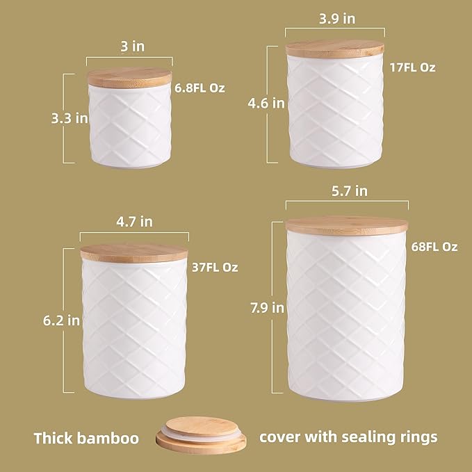Sweejar Ceramic Canisters Sets for Kitchen Countertop, Relief Food Storage Jar with Bamboo Lid, Stackable Container for Flour, Coffee, Pasta, Cereal, Tea, Cookies, Sugar, Spices, Pack of 4 (Black)