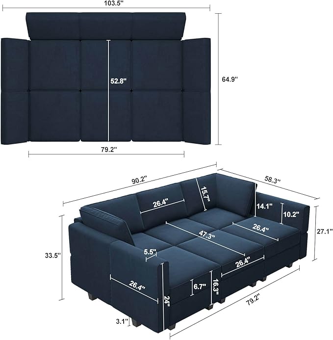Belffin Modular Velvet Sectional Sofa with Chaise Lounge Sectional Sleeper Sofa with Storage Chaise Bed Couch for Living Room Blue