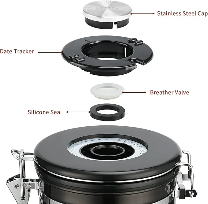 malmo Coffee Canister, Airtight Coffee Container with Date Tracker Lid, Stainless Steel Canister for Kitchen Food Storage (Black-Copper, 16oz)