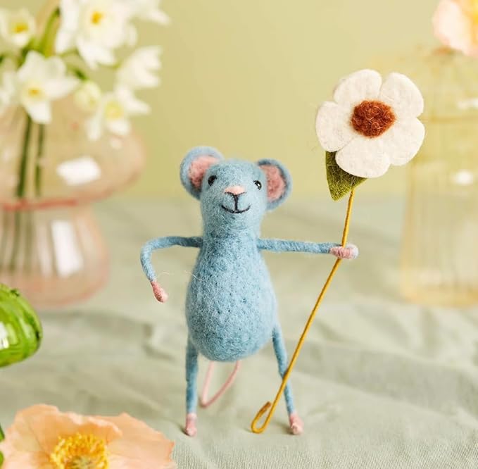 | Hand-Felted Pretty Blue Mouse with Flower | Organic Wool Home Decor | Fair Trade Plush Animal Ornament | Gift for Any Occasion | Perfect for New Spaces & Home Accessories