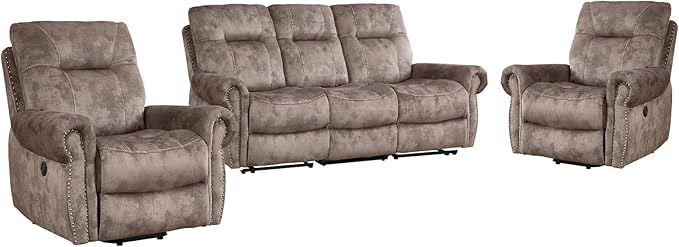 EBELLO 3 Pieces Reclining Couch Furniture Set for Living Room, Double 1 Seat Power Recliner Chair with Massage and Heat, a 3 Seater Manual Sofa, Vintage Rivet Mid-Century Design, Brown