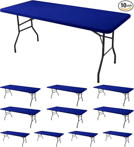 Fitted Tablecloth for 8 Foot Rectangle Tables-10 Pack Royal Blue Elastic Outdoor Picnic Table Cover-Spandex Stretch Folding Tablecloths for Camping Dining Room Patio Kitchen Banquet Party