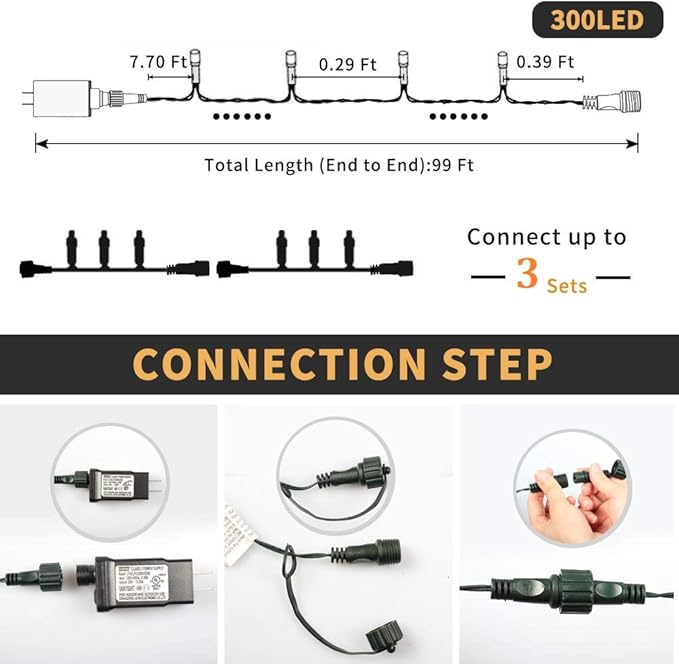 XTF2015 105ft 300 LED Christmas String Lights, End-to-End Plug 8 Modes - UL Certified - Outdoor Indoor Fairy Lights for Tree, Patio, Garden, Party, Wedding, Holiday (Multicolor)