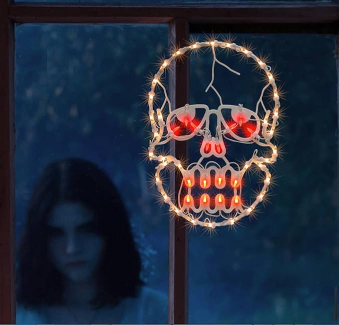 13.3" Lighted Skull Halloween Window Silhouette Decoration,Halloween Lighted Window Decoration,Hanging Light Up Holiday Ornament (Skull Light)