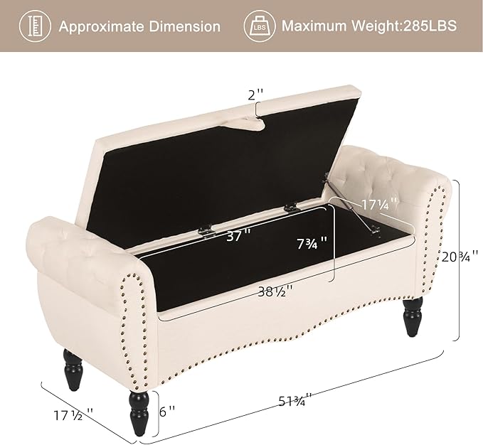 Furniliving Storage Ottoman Bench for Bedroom, Upholstered End of Bed Bench with Solid Wood Legs Modern Shoe Storage Bench Indoor Bench for Living Room Entryway Bench Furniture,Beige, Linen