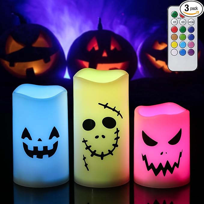 GenSwin Flameless LED Pillar Candles - Battery Operated, 12 Color Changing, Remote Timer, Perfect for Halloween, Fall Decor (3 x 4 x 5')