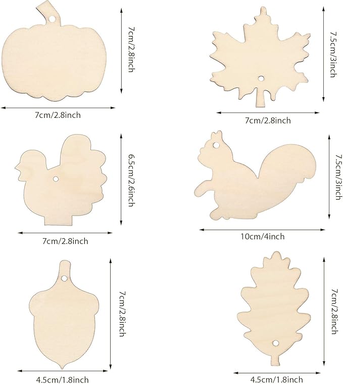 60 Pieces Fall Thanksgiving Unfinished Wooden Ornaments Maple Leaves Pumpkin Wood Cutout Squirrel Acorn Blank Wooden Ornament for Thanksgiving Party DIY Decor Supplies, 6 Styles