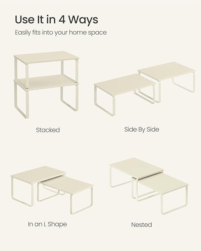 SONGMICS Cabinet Organizer Shelf, Set of 2 Kitchen Counter Shelves, Kitchen Storage, Spice Rack, Stackable, Expandable, Metal and Engineered Wood, Cream White UKCS002W02