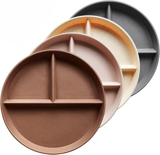 greenandlife 10 Inch 4PCS Unbreakable Portion Control Plates, Divided Plates for Kids Adults, Dishwasher & Microwave Safe Compartment Plate, Lightweight Reusable Wheat Straw Plate, Earth Tone