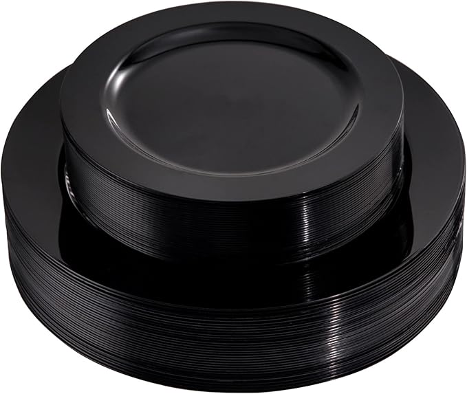 FLOWERCAT 60PCS Black Plastic Plates - Heavy Duty Black Disposable Plates for 30 guests Halloween Party/Wedding/New Year - Include 30PCS 10.25inch Dinner Plates and 30PCS 7.5inch Dessert Plates