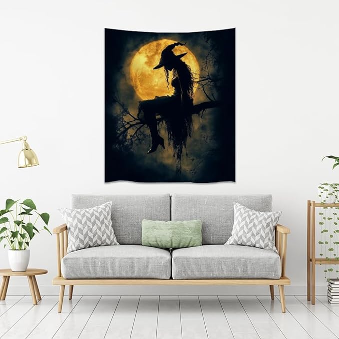 Halloween Witch Tapestry Wall Art Witchcore Moon Aesthetic Print Dark Academia Gothic Tapestries Wall Hanging Horror Ghost Halloween Party Decor for Home Living Room Bedroom 70x90inch