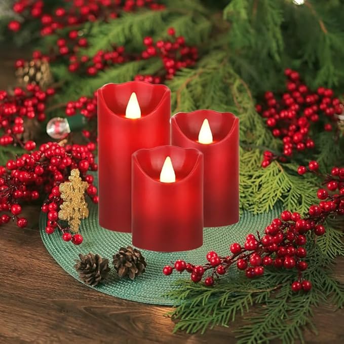 Flameless Battery Operated LED Candles with10key Button Remote Control 24-Hour Timer Set of 3 Electric Flickering Pillar Real Wax，Wedding, Party, Home Decoration (Red)
