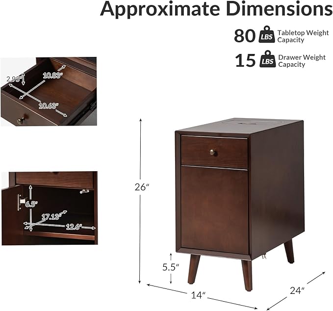 HULALA HOME End Table with Drawer and Charging Station, Modern End Table with USB Ports and Outlets, Wooden Side Table with Storage-Walnut