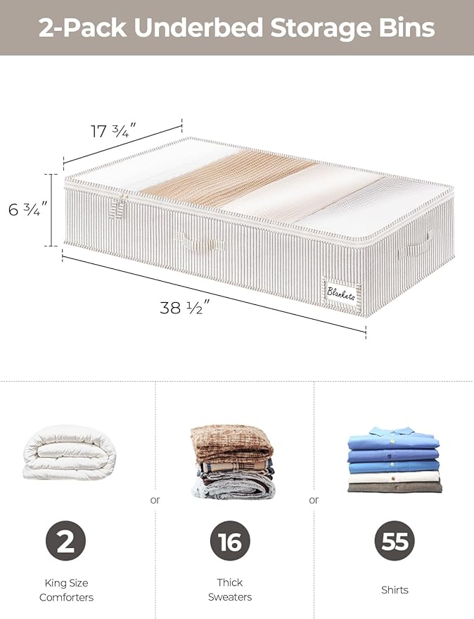 StorageWorks Extra Large Under Bed Storage Containers with Handles and Label Holder, 2 Pack Ultra-thick Fabric Underbed Bins, Closet Organizer for Clothes, Blankets, Sweater