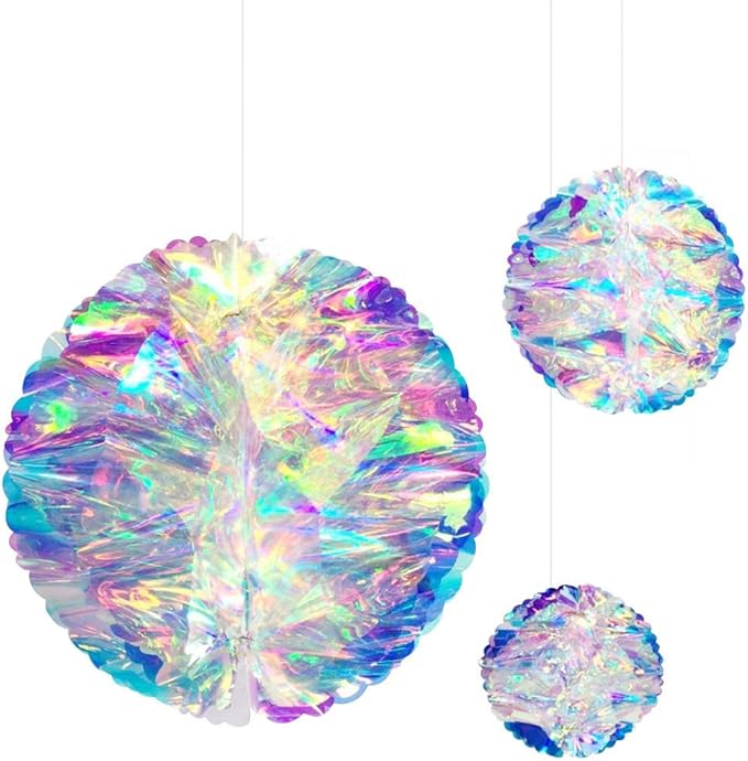 Hanging Decorations Iridescent Honeycomb Ball Foil Ceiling Hanging Flowers for Bridal Shower Wedding Birthday Frozen Theme Party Fairy Princess Rainbow Show Decoration