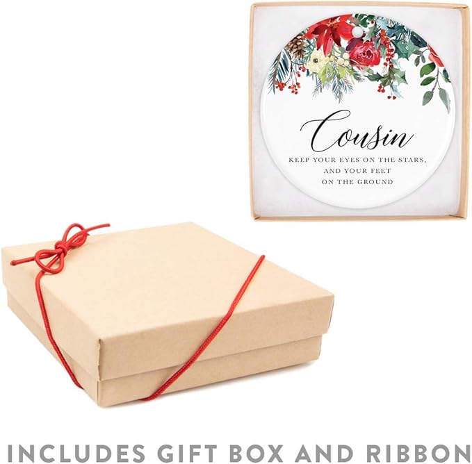 Andaz Press Round Ceramic Porcelain Christmas Tree Ornament Keepsake Gift for Cousins, Cousin Keep Your Eyes on The Stars, and Your Feet on The Ground, 1-Pack