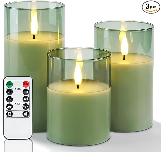 Amagic Green Glass Flameless Candles with Remote and Timer, Real Wax Battery Operated Candles, Flickering Electric LED Pillar Candles for St. Patrick's Day, Christmas Party Decor, Set of 3
