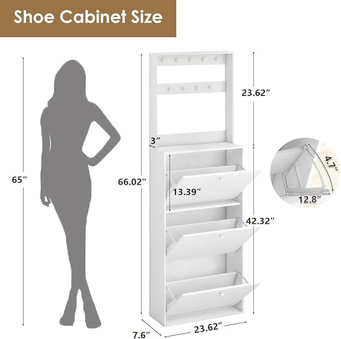 Shoe Storage Cabinet with 3 Flip Drawers, Narrow Shoe Cabinet with 9 Hooks Coat Rack, Freestanding Slim Shoe Storage Organizer for Entryway, Hallway, Entrance, Bedroom, Living Room, White
