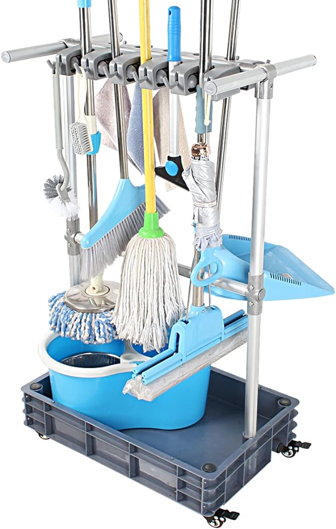Broom And Mop Holder Put Wet Mops Movable Floor-Mounted Mop Rack Floor Standing Cleaning Tool Cart Storage For Garden Garage Schools, Hospitals, Factories, Hotels,Property Companies (12racks)