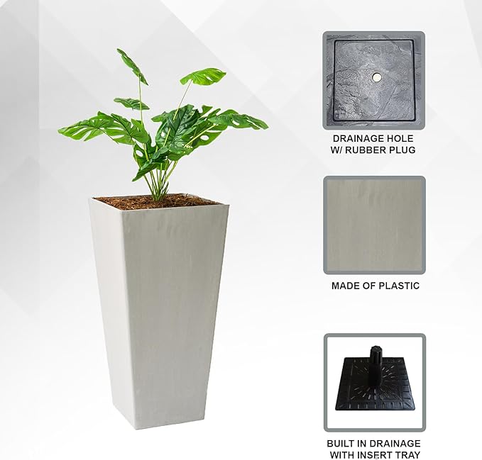 XBrand Modern 30-Inch Tall Square Planter, Tapered, Perfect for Indoor & Outdoor, Patio Decor, Set of 2, Gray