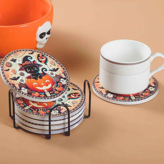 Halloween Ceramic Coasters Set of 6 with Holder – Black Cat in Pumpkin Design – Non-Slip Absorbent Drink Coasters for Halloween Party Decor and Gifts