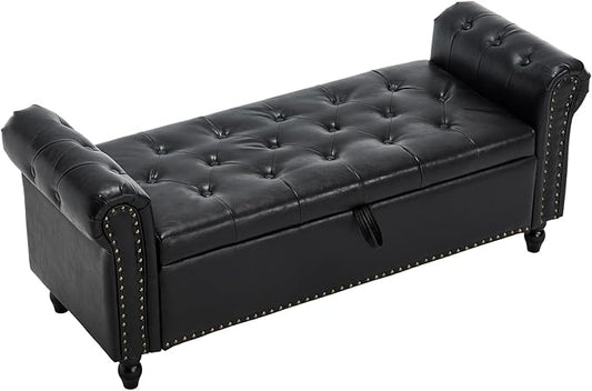 Furniliving 55” End of Bed Bench, Bedroom Bench with Button-Tufted, Large Upholstered Storage Ottoman Benches Entryway Bench with Storage Shoe Cabinet Bench, for Bedroom, Living Room, PU, Black